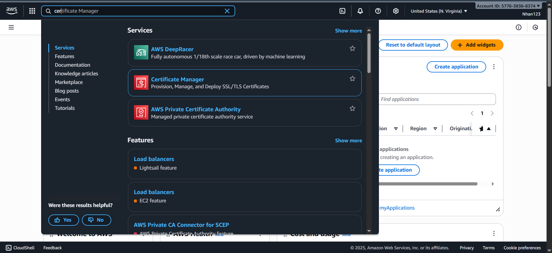 Truy cập AWS Certificate Manager service Certificate Manager Service Access