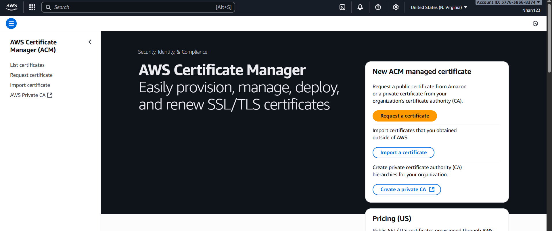 ACM Console Dashboard và nút Request certificate ACM Console Dashboard