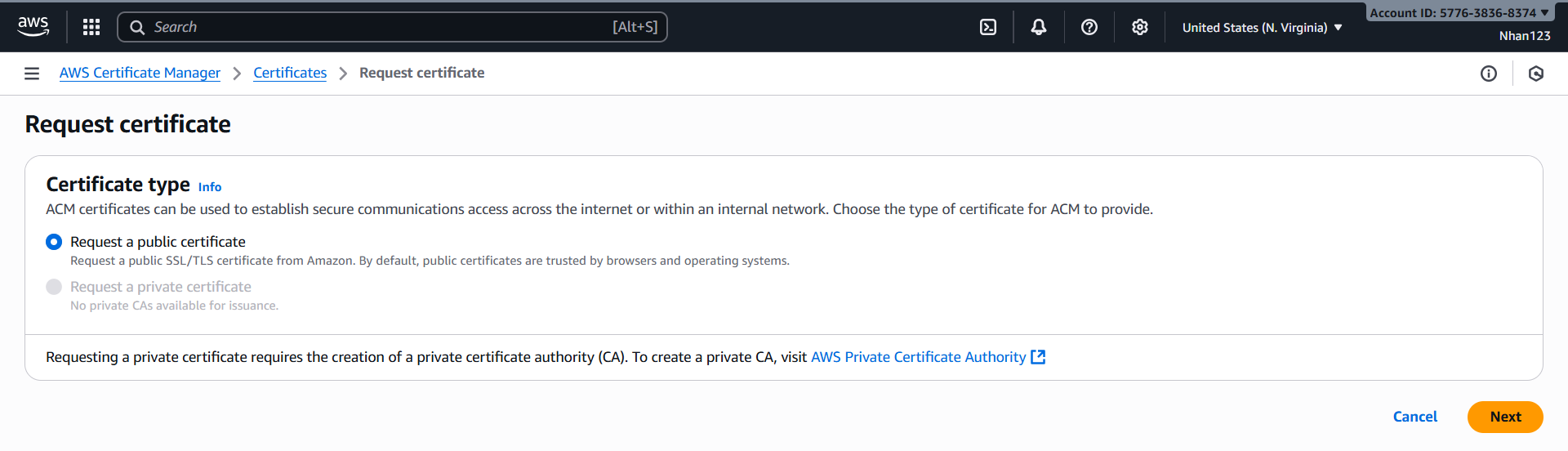 Chọn Request a public certificate Certificate Type Selection