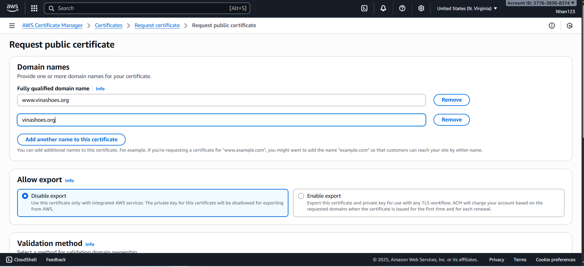 Cấu hình domain names cho certificate Domain Names Configuration