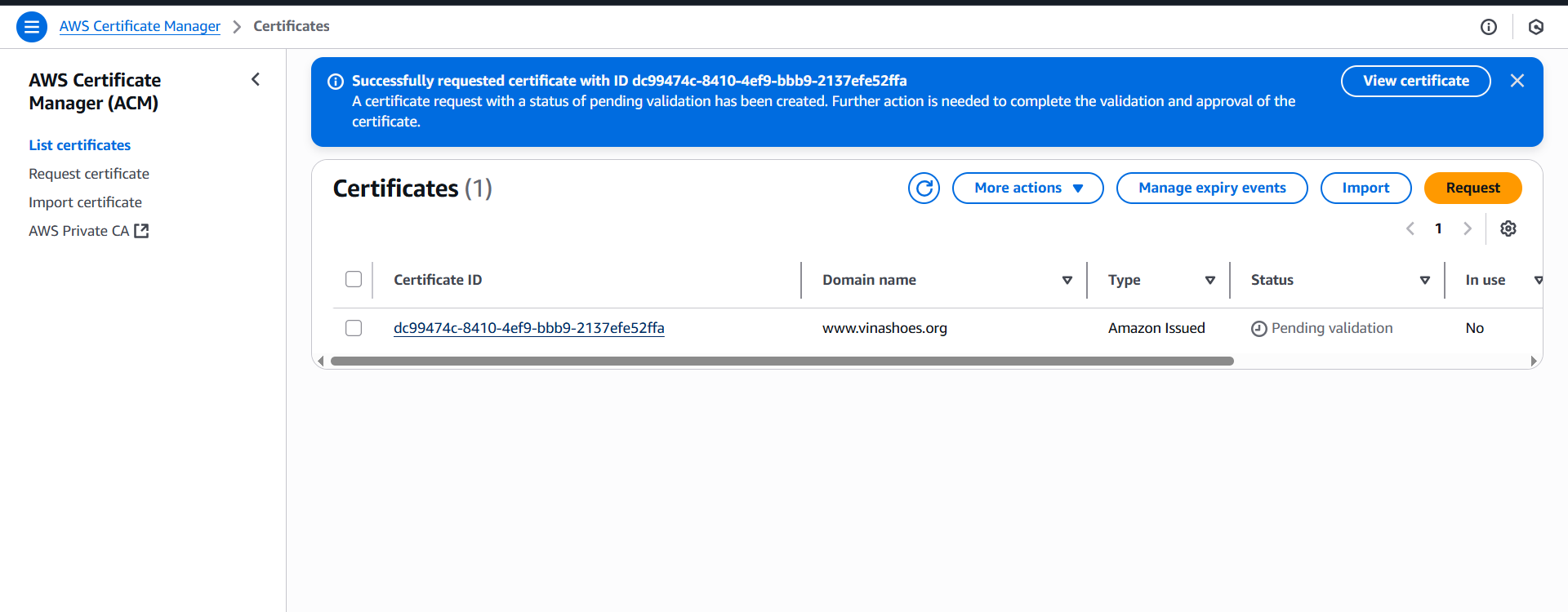 Truy cập chi tiết certificate để xem validation records Certificate Details Access