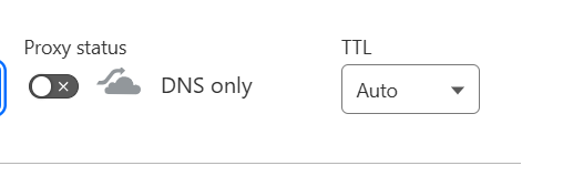 Đảm bảo proxy status là DNS only (gray cloud) DNS Only Proxy Setting
