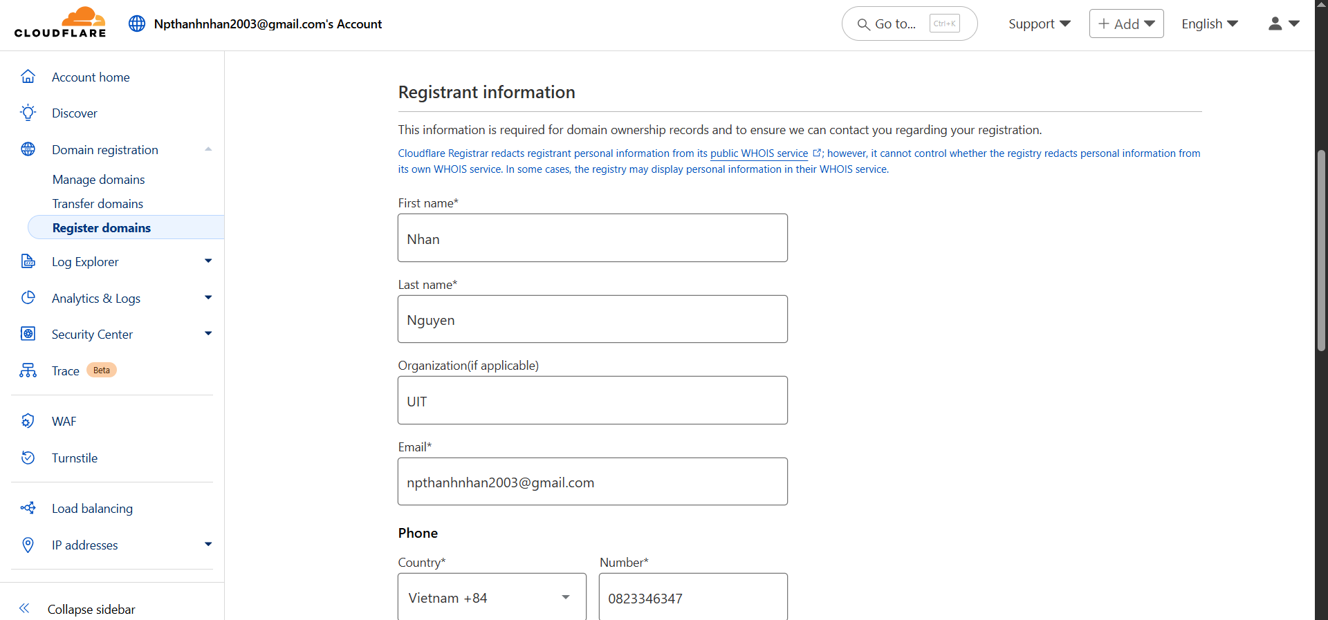 Giao diện Domain Registration portal của Cloudflare Domain Registration Interface