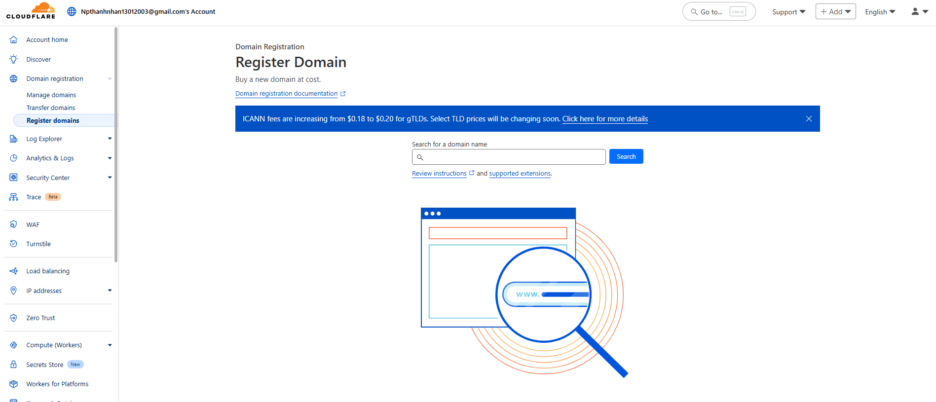 Giao diện tìm kiếm domain trong Cloudflare Domain Search Interface