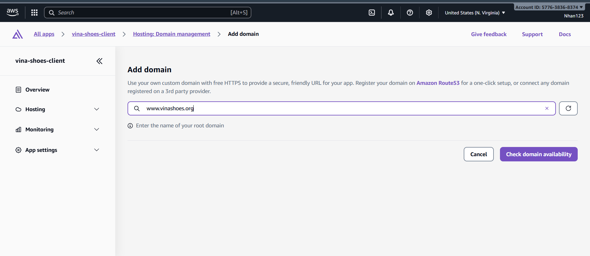 Current Amplify Add Domain Screen