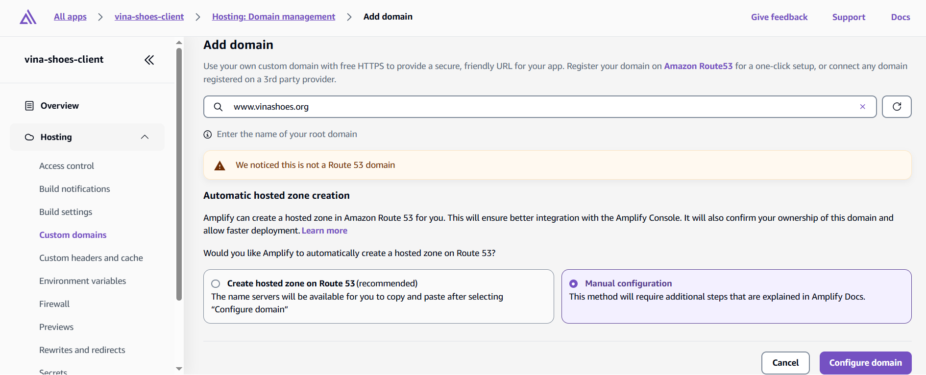 Amplify DNS Configuration Choice