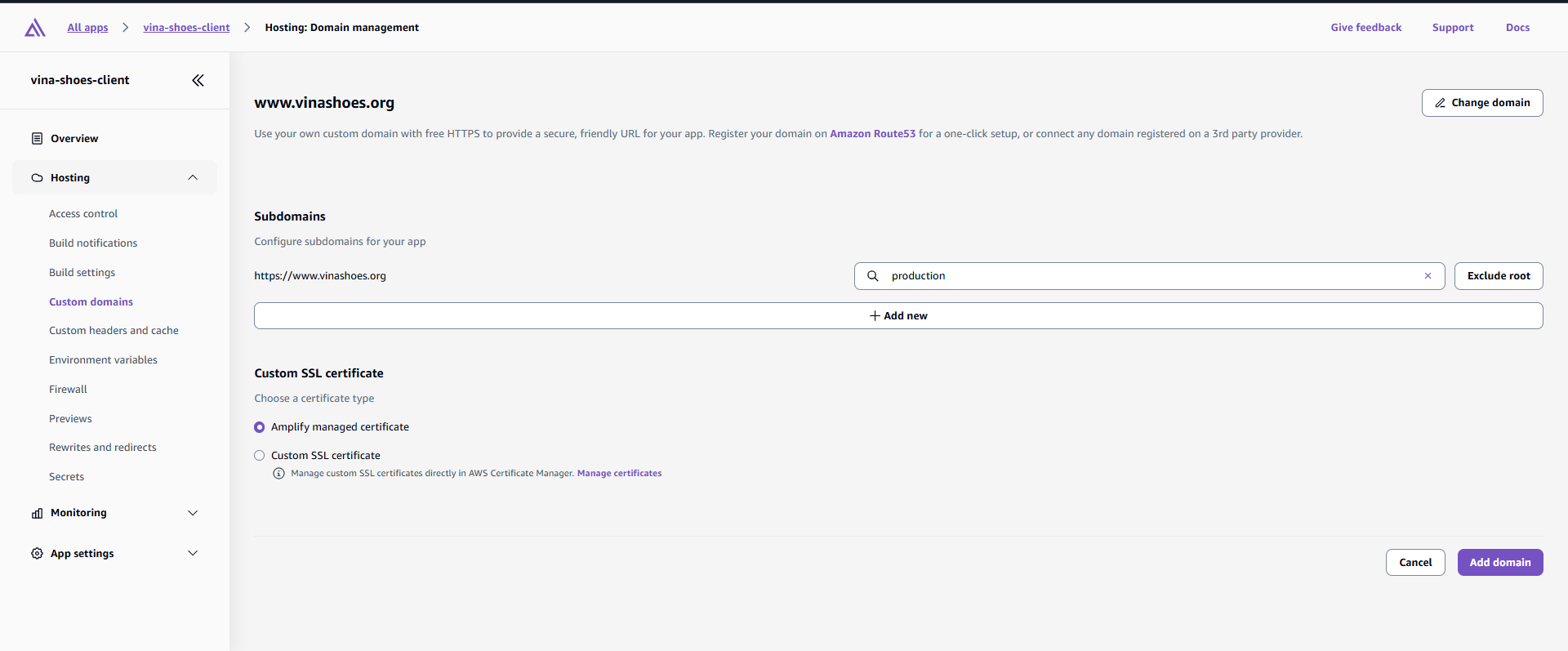 Amplify Domain Configuration