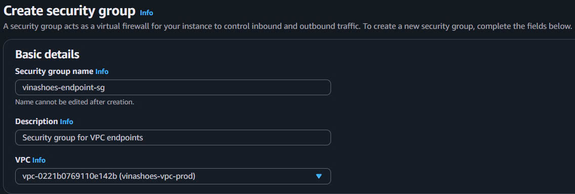 VPC Endpoint Security Group Basic Details