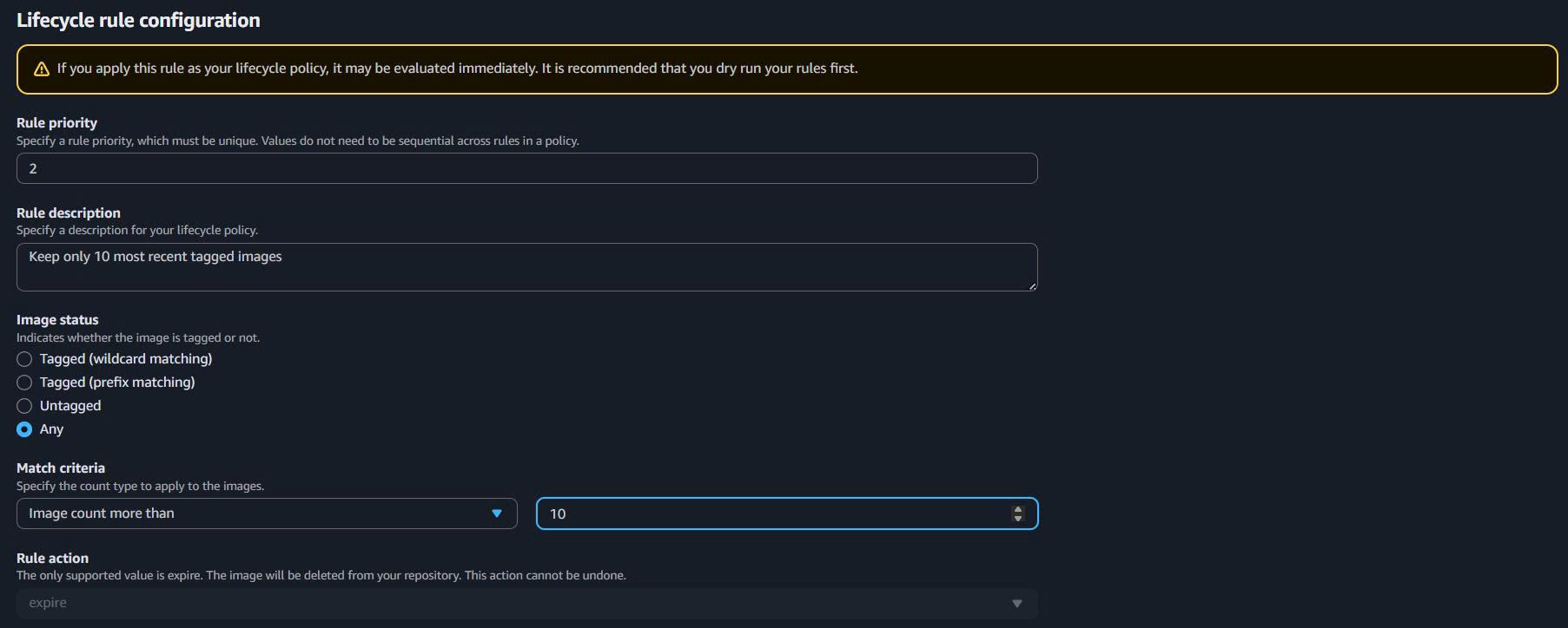 Rule để giữ chỉ 10 tagged images gần nhất Tagged Images Rule
