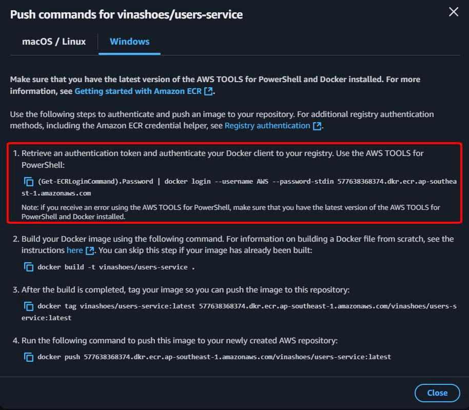 View push commands trong ECR console ECR Push Commands
