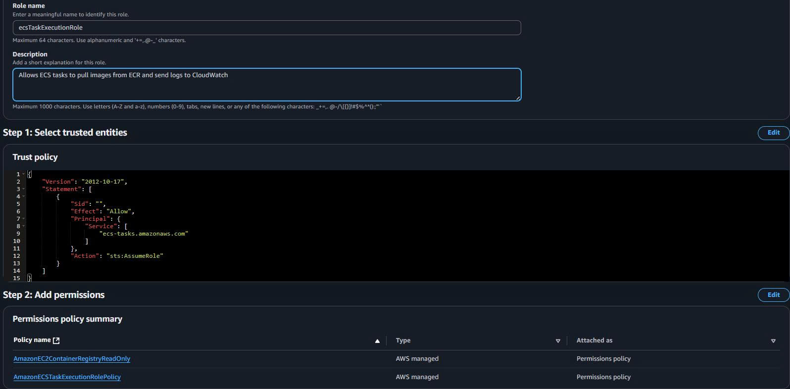 ECS Task Execution Role đã được tạo ECS Role Created